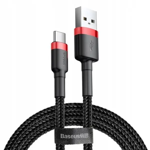 BASEUS Cablu USB la Type-C, Fast Charging, 3A, 1m, R81, Aluminiu, Nailon, TPE, Baseus Cafule CATKLF E91, Negru/Rosu