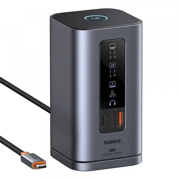 BASEUS Docking station Baseus Spacemate Series 11-in-1, USB-C la 2x HDMI 4K@60Hz, 2x DP 4K@60Hz, 2x USB-A, 1x USB-C, 1x RJ45, 1x USB-A (480Mbps), 1xUSB-C (PD), 1x 3.5mm Audio, Gri