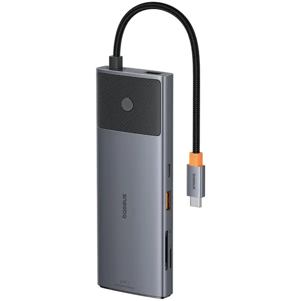 BASEUS Hub Baseus Dual Display 10-in-1 USB-C la 2x HDMI 4K, PD 100W, 3x USB-A, 2x USB-C, RJ45 10Gbps, SD/TF, Negru