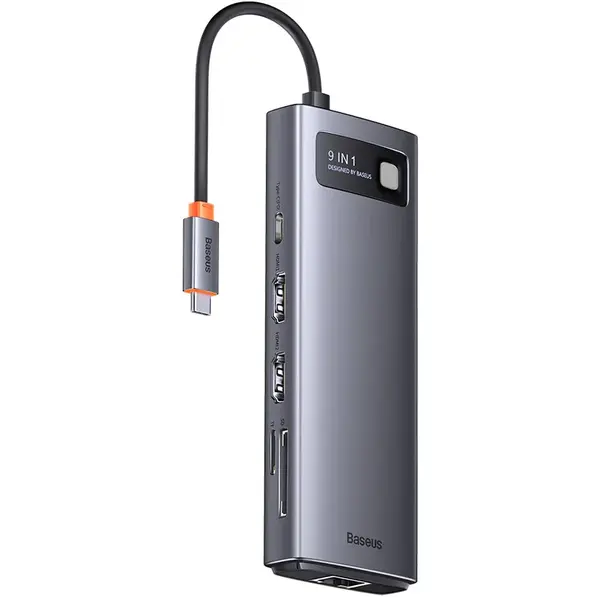 BASEUS Hub Baseus Joystar 9-in-1 USB-C la 2x HDMI, 2x USB 3.2, 1x USB 2.0, 1x PD, 1x SD, 1x TF Card, 1x RJ-45, Gri