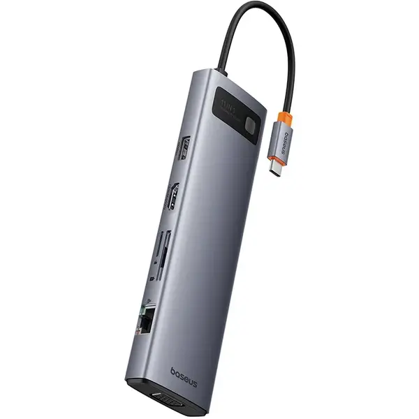 BASEUS Hub Baseus Metal Gleam 11-in-1 USB-C la HDMI 4K@60Hz, 1x VGA, 3x USB3.0, 1x USB2.0, 1x PD, 1x RJ45, 1x SD/TF, 1x 3.5mm, Gri