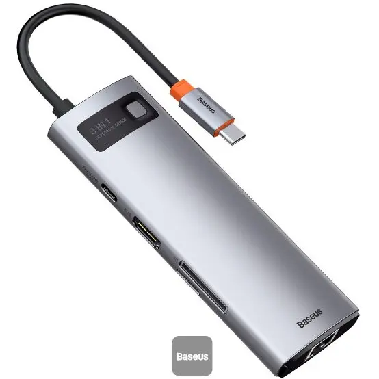 BASEUS Hub Baseus Metal Gleam 8-in-1 USB-C la HDMI, 3xUSB3.0, 1xPD, 1xRJ45, 1xSD/TF, 1x USB-C PD, Gri