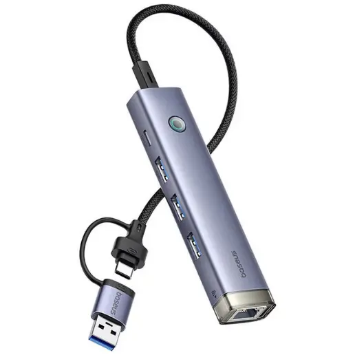 BASEUS Hub Baseus UltraJoy 4-in-1 USB-A&USB-C la Ethernet RJ45, 3x USB-A, 1x USB-C, Gri