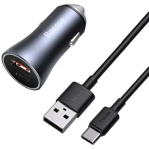 BASEUS Incarcator Auto Cu Cablu USB-C Baseus Golden Contactor, 40W, 5A, 1 x USB-A - 1 x USB-C, Gri