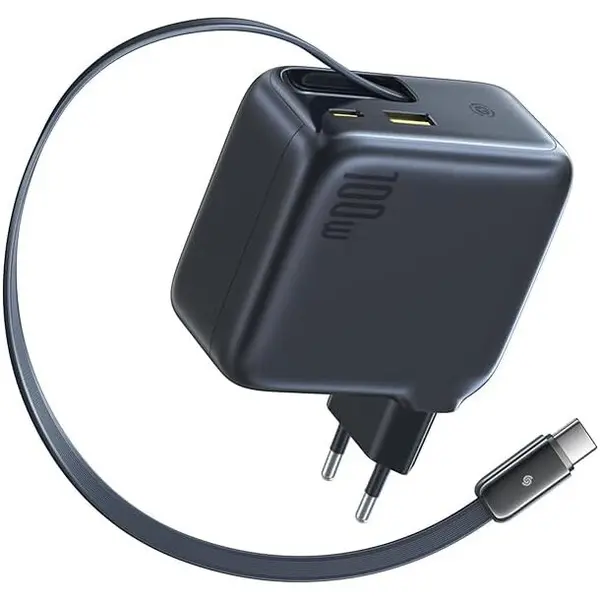 BASEUS Incarcator de retea Baseus EnerCore CJ11 100W, 2x USB-C, 2x USB-A, cablu retractabil, Negru