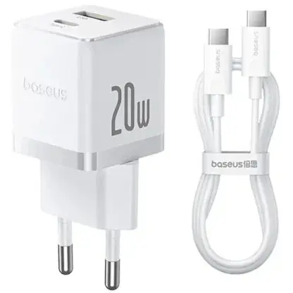 BASEUS Incarcator retea Baseus Palm, Quick Charge 20W, 1 x USB, 1 x USB Type-C 5V/3.0A, include cablu USB Type-C la USB Type-C 1m, alb