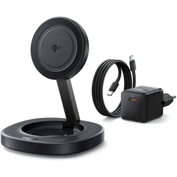 BASEUS Incarcator wireless Baseus EnerFill FF11 Pliabil, 15W Qi2, Negru (incarcator retea 20W si cablu USB-C 1m inclus)