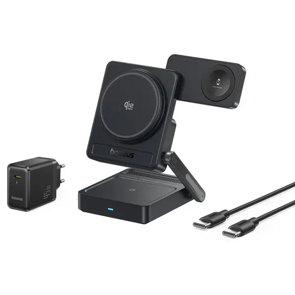 BASEUS Incarcator wireless Baseus PicoGo AF21 3-in-1, Qi2.2, 35W, cu incarcator retea 45W, Negru