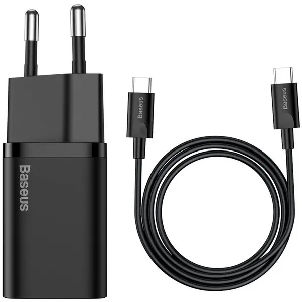 BASEUS ncarcator Retea Baseus Super Si Quick Charger + Cablu Type-c la Type-c, 25 W, 1m, Negru