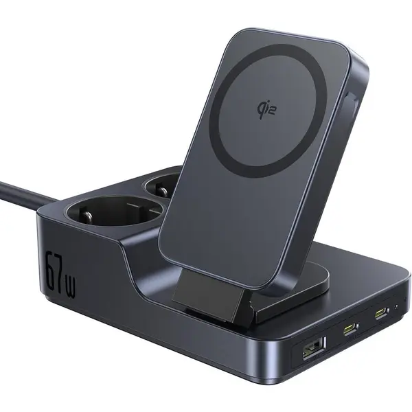 BASEUS Statie incarcare Baseus Nomos ND11 6 in 1, 2x AC, 1x USB-A, 2x USB-C, Qi2 Wireless, 67W, 1.5m, Negru