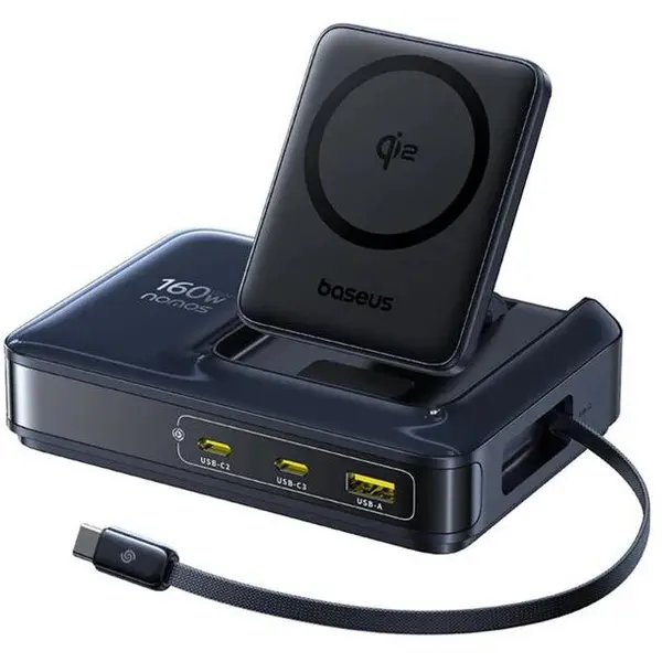 BASEUS Statie incarcare Baseus Nomos NH21 5-in-1 160W, 1 x USB-A, 3 x USB-C, Qi2, Wireless, BPS 3.0, Negru