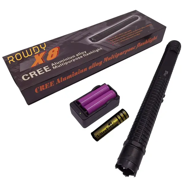 Baston electrosoc si lanterna DEPOX , Rowdy X8, metalic, 35 cm, negru, acumulator inclus