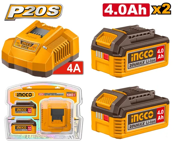 Baterie Acumulator 20V 4Ah Set 2 buc cu Incarcator INGCO FBCPK2013E Li-Ion P20S, Autonomie Mare si Incarcare Rapida pentru Scule Profesionale