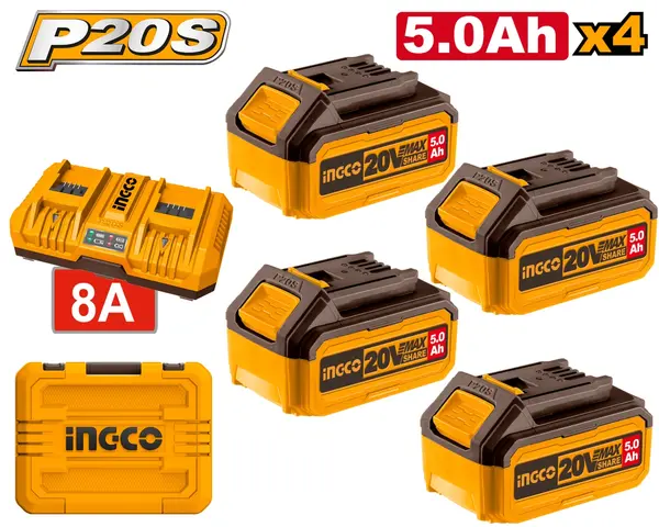 Baterie (Acumulator) 20V 5AH Set 4 buc cu Incarcator Dublu (nou) INGCO FBCLI20285