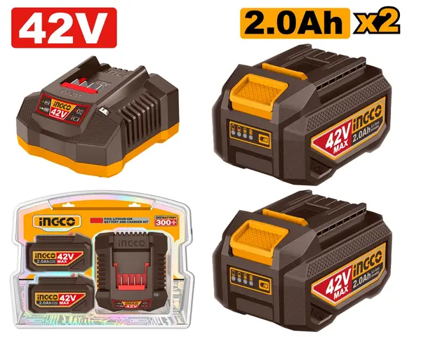 Baterie (Acumulator) 42V 2Ah INGCO FBCPM20221 Set 2 buc cu Incarcator P42M, Li-Ion pentru Scule Electrice, Autonomie Mare