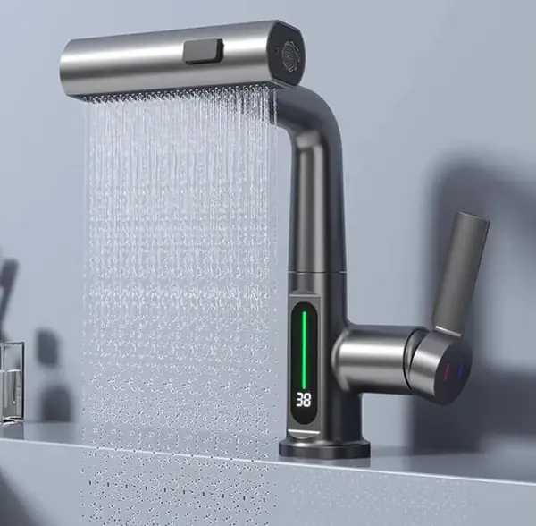 Baterie baie/bucatarie cu display temperatura, curgere tip cascada, jet sau spray, dus extractibil