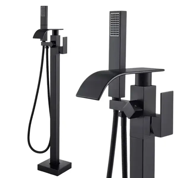 Baterie Baie pentru Cada BisDesign , Montaj Podea, Tip Freestanding, Cadru Patrat, Finisaj Negru Mat, Pipa Cascada Lata, Dimensiune 98 cm