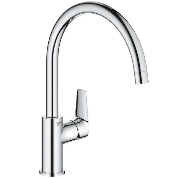 Baterie bucatarie Grohe 30529001, 3/8 inch, pipa tip C, monocomanda, pivotanta, cartus ceramic, marime L, montaj pe lat, protectie reflux, limitator de debit, Crom