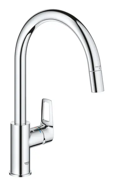 Baterie bucatarie Grohe Bauloop 30543000, 3/8 inch, inalta, tip C, dus extractabil, Crom