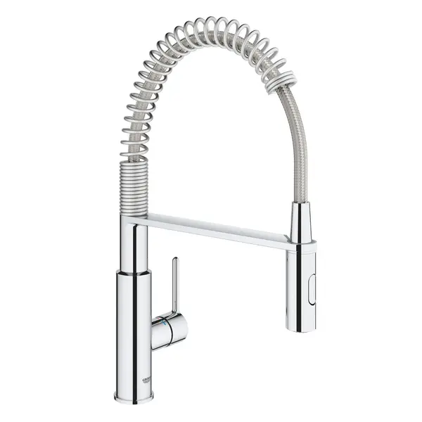 Baterie bucatarie Grohe Get 30361000, 3/8, monocomanda, pipa inalta, dus extractabil, cartus ceramic, pivotanta, anti-calcar, Argintiu