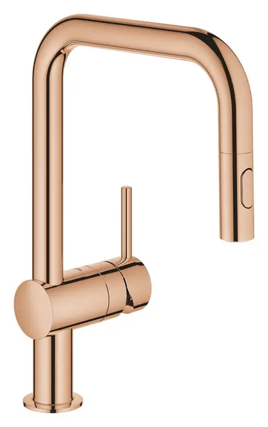 Baterie bucatarie Grohe Minta 32322DL2, 3/8, monocomanda, pipa inalta, tip C, dus extractabil, pivotanta, mat, Warm Sunset