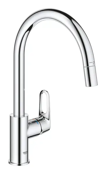 Baterie bucatarie Grohe, Start Flow 30569000, monocomanda, cartus ceramic, pivotanta, dus extractabil, limitator de debit, Crom