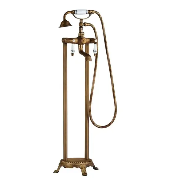 Baterie cada podea, Tip freestanding, Cadru rotund, Finisaj Bronz antichizat, Dus si inele Ceramice