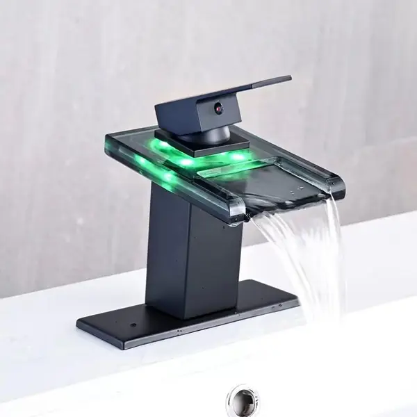 Baterie Chiuveta Baie cu LED si Efect de Cascada, Gura din Sticla, Negru Mat - Default Title