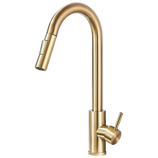 Baterie Chiuveta Bucatarie BisDesign , 2 Moduri de Curgere cu Dus Extractabil, Finisaj Auriu Mat Periat, Dimensiune 39 cm