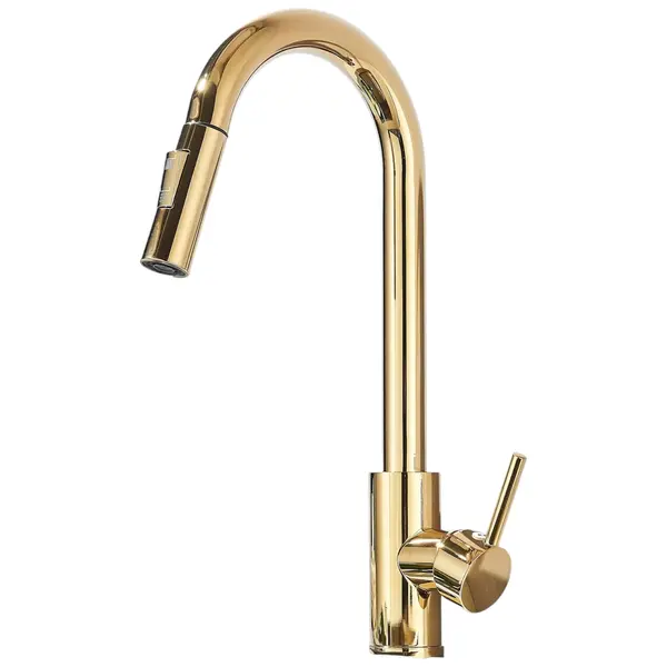 Baterie Chiuveta Bucatarie BisDesign , 2 Moduri de Curgere cu Dus Extractabil, Finisaj Auriu Lucios, Dimensiune 39 cm