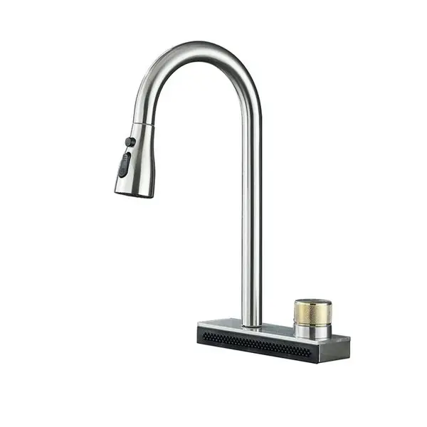 Baterie chiuveta bucatarie, Dus extractabil, 3 Functii de curge si mod Rainfall, Culoare Nichel, Dimensiune 41 cm