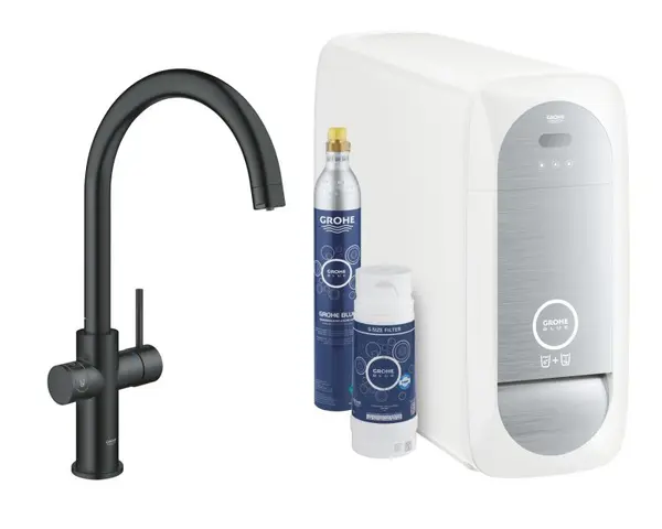 Baterie de bucatarie Grohe Blue Home 31455KS1, 3/8 inch, monocomanda, tip C, pipa inalta, filtrare, racire, apa carbogazoasa, pivotanta, Smart, mat, Negru
