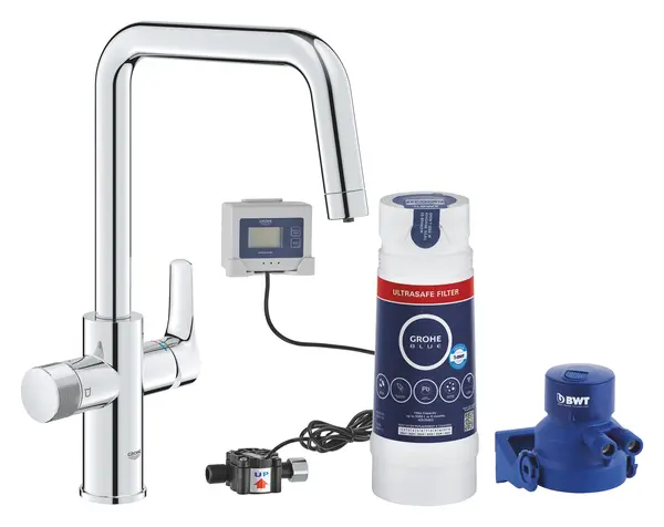 Baterie de bucatarie Grohe Blue Pure Start 30594000, 3/8 inch, filtrare apa, pipa inalta, tip U, pivotanta, 3000 L filtru inclus, contor, Crom