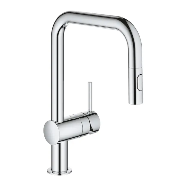 Baterie de bucatarie Grohe Minta 32322002, monocomanda, pipa inalta, tip C, dus extractabil, pivotanta, crom