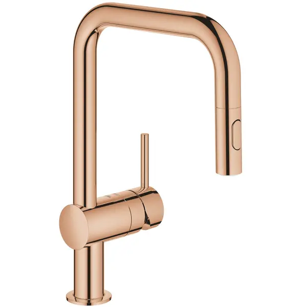 Baterie de bucatarie Grohe Minta 32322DA2, 3/8 inch, monocomanda, pipa inalta, tip C, dus extractabil, pivotanta, lucios, Warm sunset