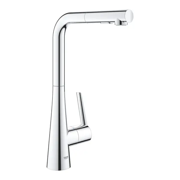 Baterie de bucatarie Grohe Zedra 32553002, monocomanda, pipa inalta, tip L, dus extractabil, 2 functii, pivotanta, limitator, Crom