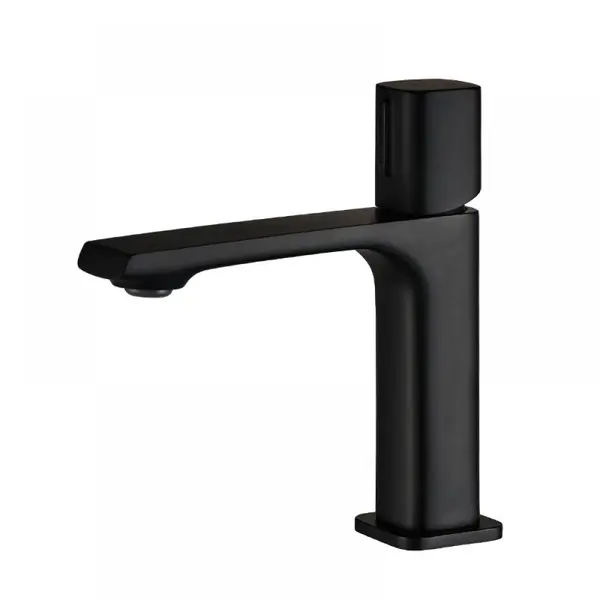 Baterie din alama pentru lavoar, Momali, maner din zinc, cartus ceramic, cu aerator, culoare negru, set de prindere inclus si doua racorduri flexibile