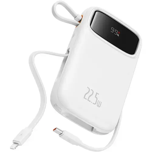 Baterie externa Baseus Qpow2, 20000 mAh, 1x USB, 2x USB-C, 22.5 W, Display, Cablu USB-C & Lightning integrat (Alb)