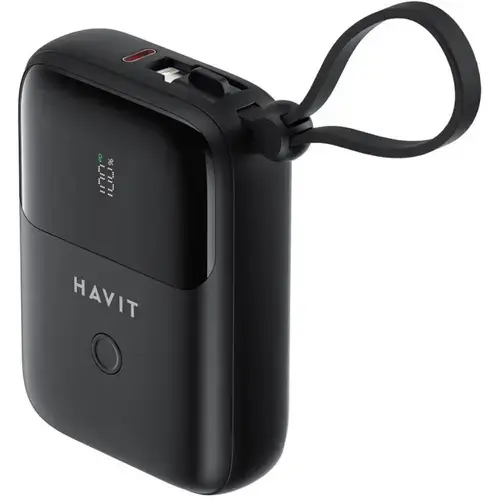 Baterie externa HAVIT PB5215, 10000 mAh, 1x Lightning, 2x USB-C, 20 W, Display, Cablu USB-C integrat (Negru)