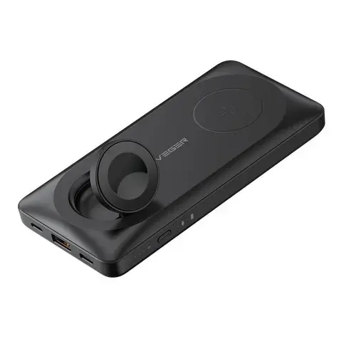 Baterie externa VEGER MagMulti W1156, 10000 mAh, Wireless, 1x USB, 1x USB-C, 1x Lightning (Negru)