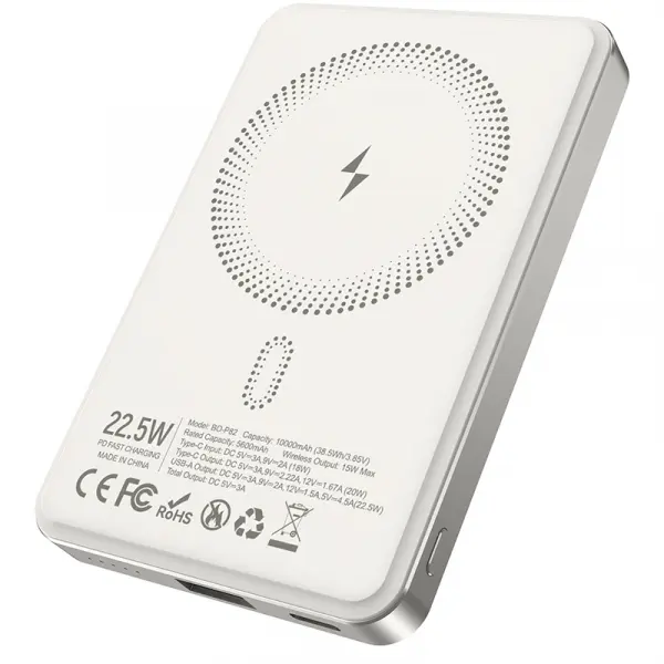 Baterie Externa Wireless BWOO BO-P82, 10000mAh, 22.5W, PD + FQI, 1 x QI - 1 x USB-C, Alba