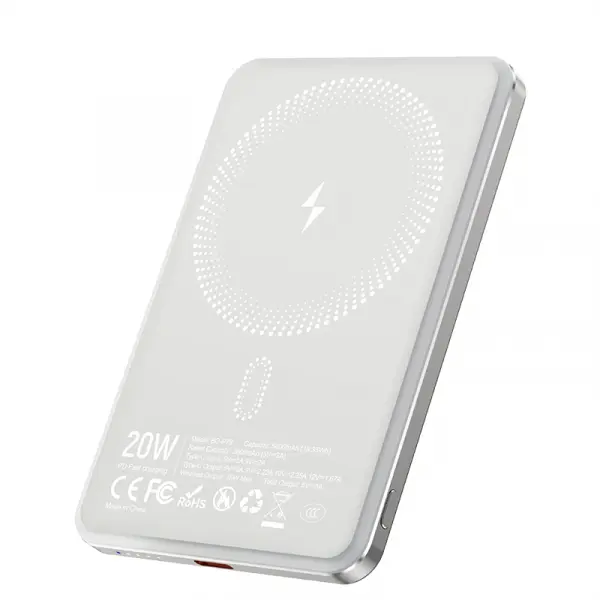 Baterie Externa Wireless BWOO P79, 5000mAh, 20W, PD + FQI, 1 x QI - 1 x USB-C, Gri