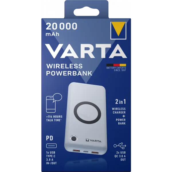 Baterie Externa Wireless Varta Energy, 20000mAh, 18W, QC + PD + FQI, 1 x QI - 1 x USB-C - 2 x USB-A, Alba