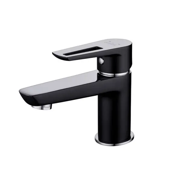 Baterie lavoar din alama sanitara, negru crom lucios, pipa fixa 10,6 cm, ventil inclus, Cersanit Mille