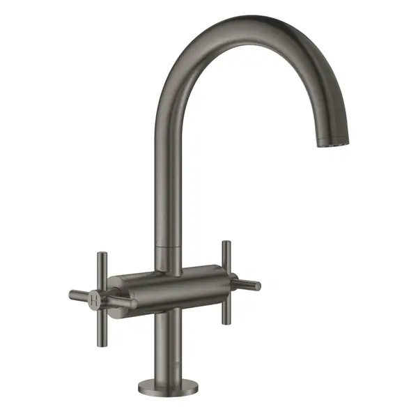 Baterie lavoar Grohe Atrio, 1/2, valva ceramica, marimea L, pipa pivotanta, aerator, limitator, set ventil Push-Open 1/4, Hard graphite
