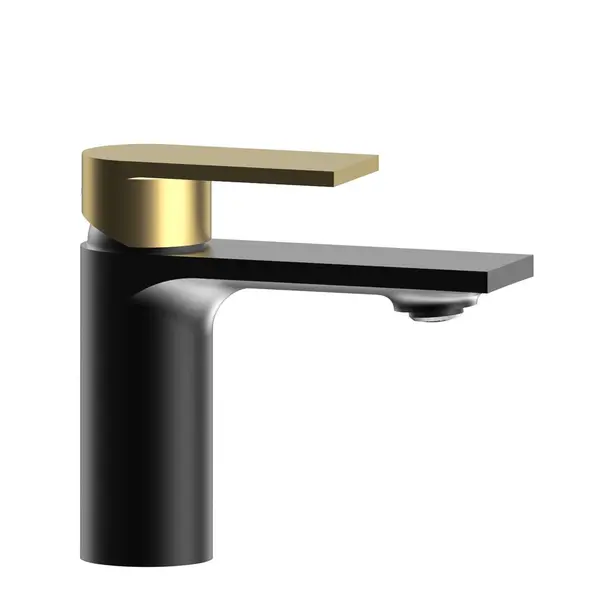 Baterie moderna de lavoar Momali, corp din alama si maner din zinc, cartus ceramic, cu aerator, set prindere si doua racorduri flexibile incluse, culoare negru cu auriu