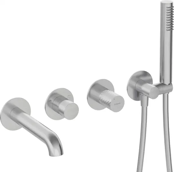 Baterie pentru cada, otel periat, cu 4 orificii, set dus inclus, montaj ingropat, Deante Silia Hexa