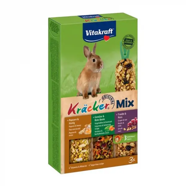 Batoane pentru iepuri Vitakraft Trio Mix cu popcorn legume struguri 3 buc
