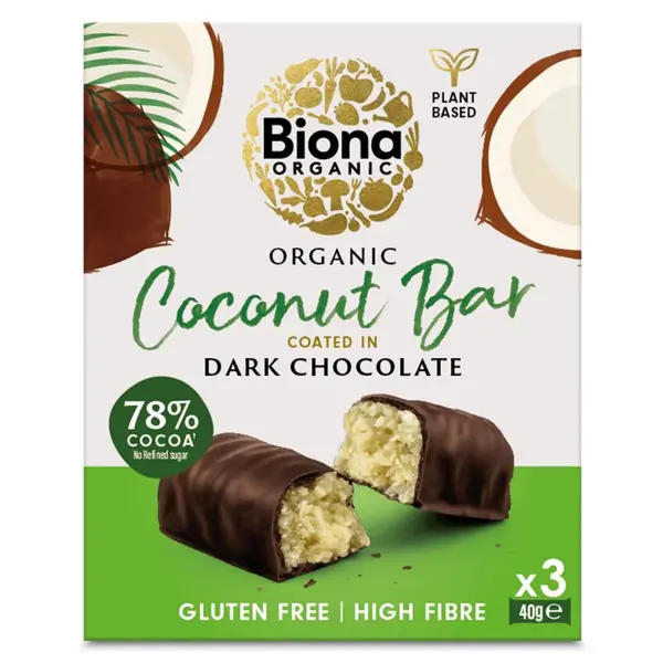 Baton cu cocos invelit in ciocolata neagra bio 3 x 40g Biona