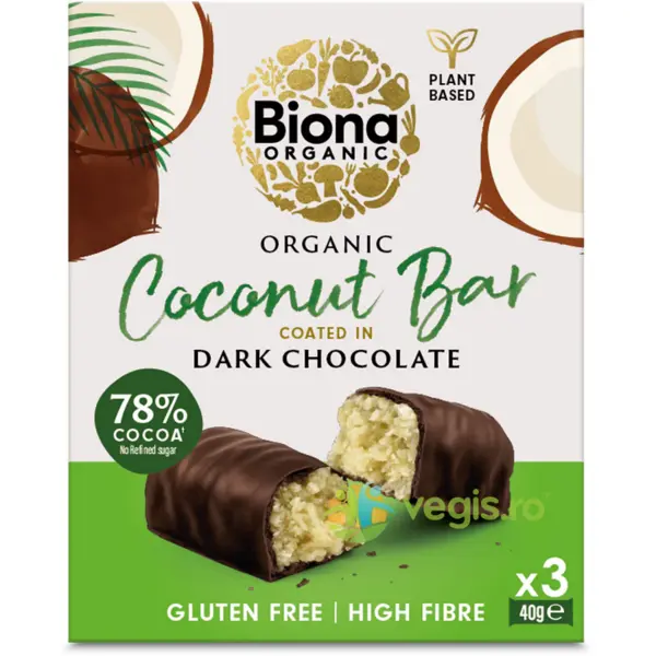 Baton cu Cocos Invelit in Ciocolata Neagra fara Gluten Ecologic/Bio 3x40g